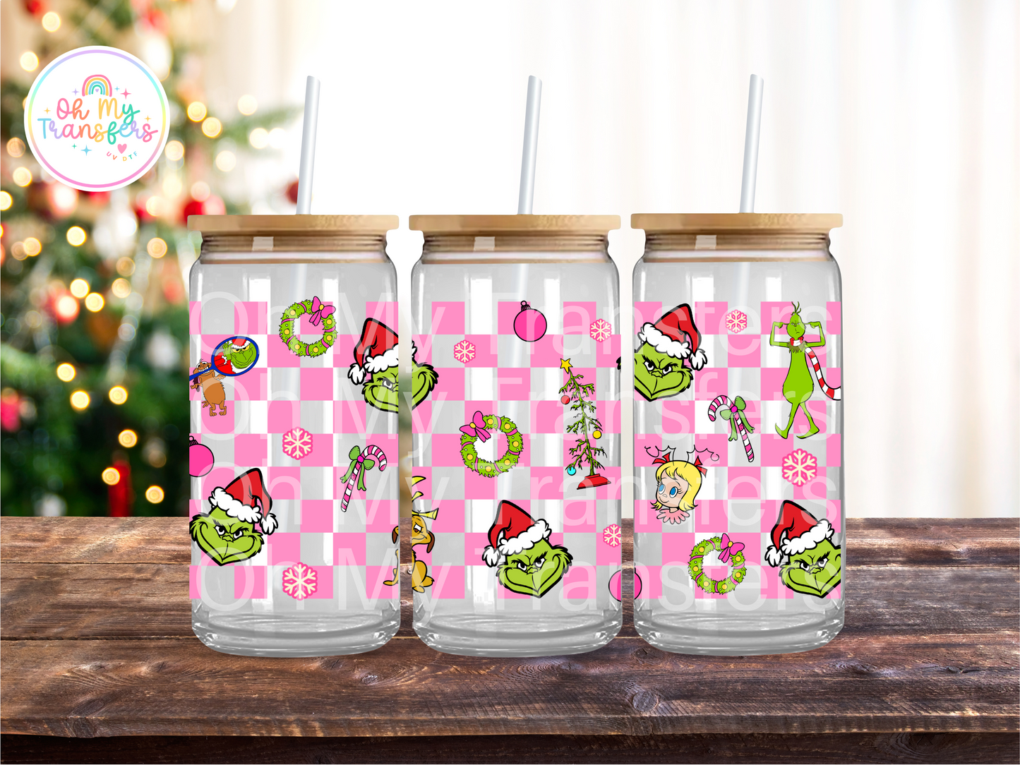 Pink Checkered Xmas Cartoon UV DTF Cup Wrap