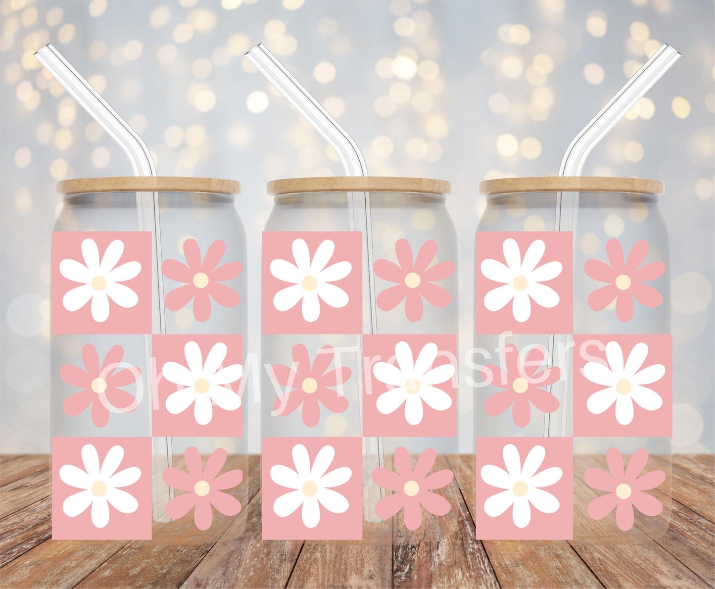 Checkered Pink Flower UV DTF Cup Wrap