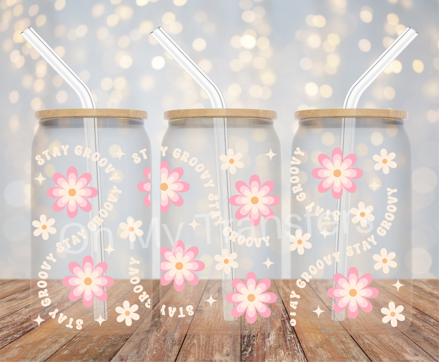 Stay Groovy Pink Flower UV DTF Cup Wrap