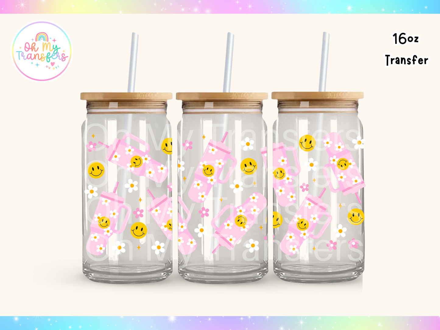 Pink Cup Yellow Smiley UV DTF Cup Wrap