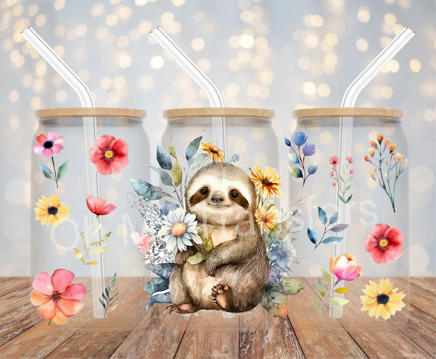Sloth holding flower UV DTF Cup Wrap