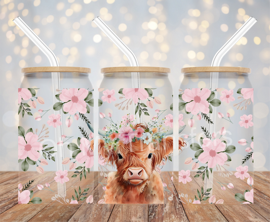 Highland Cow Pink Flowers UV DTF Cup Wrap