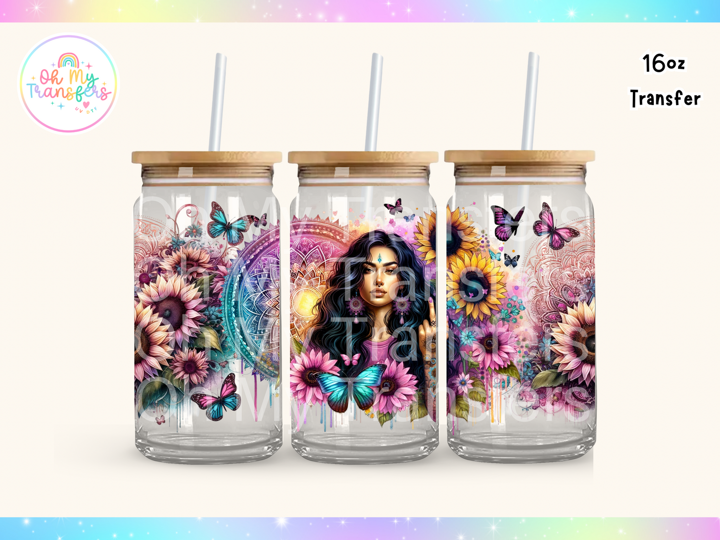 Tattooed Girl, Mandela, sunflowers & Butterflies UV DTF Cup Wrap