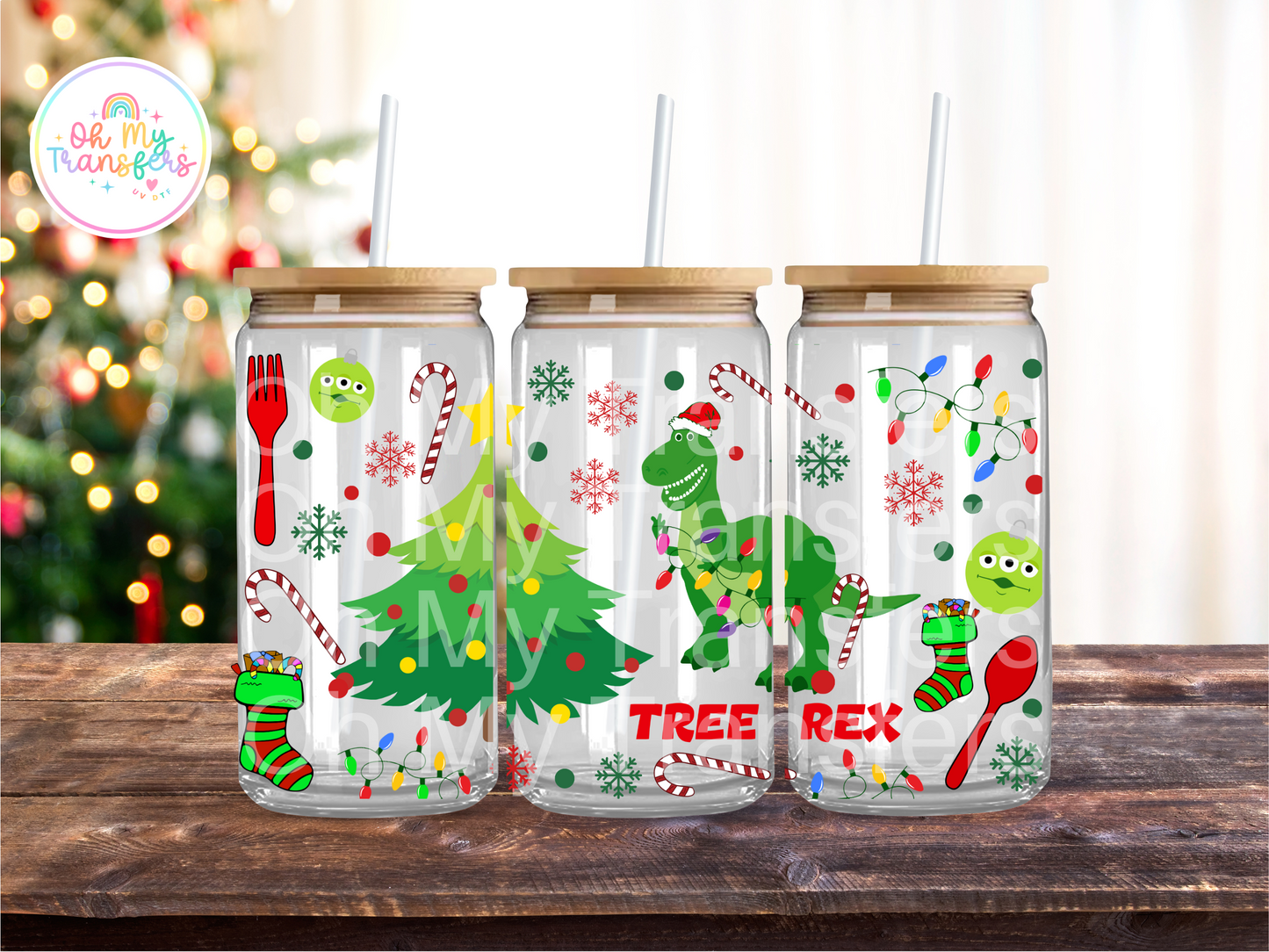 T Rex Xmas UV DTF Cup Wrap