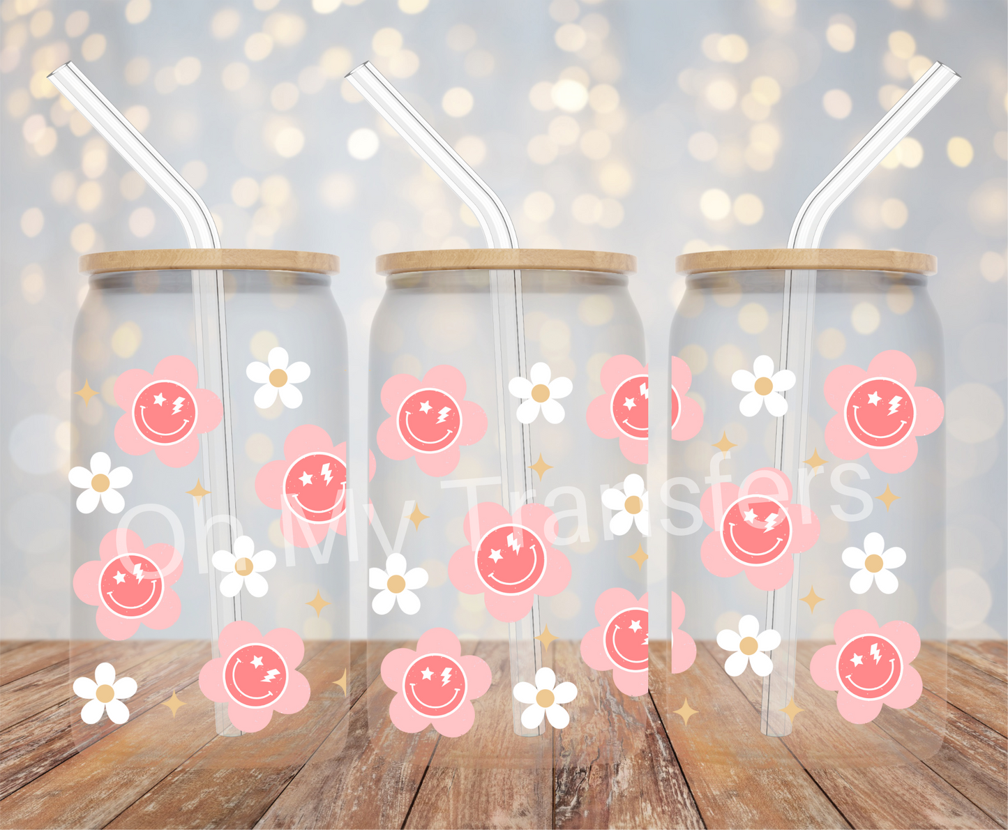 Pink Flower White Daisy UV DTF Cup Wrap