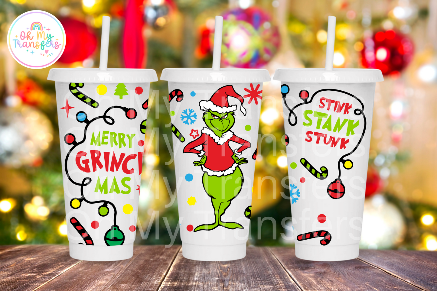 Green Xmas Cartoon Colourful 24oz UV DTF Wrap