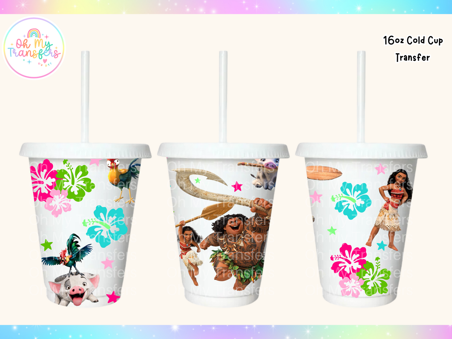 Moana Flowers 16oz Cold Cup UV DTF Transfer