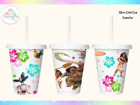 Moana Flowers 16oz Cold Cup UV DTF Transfer