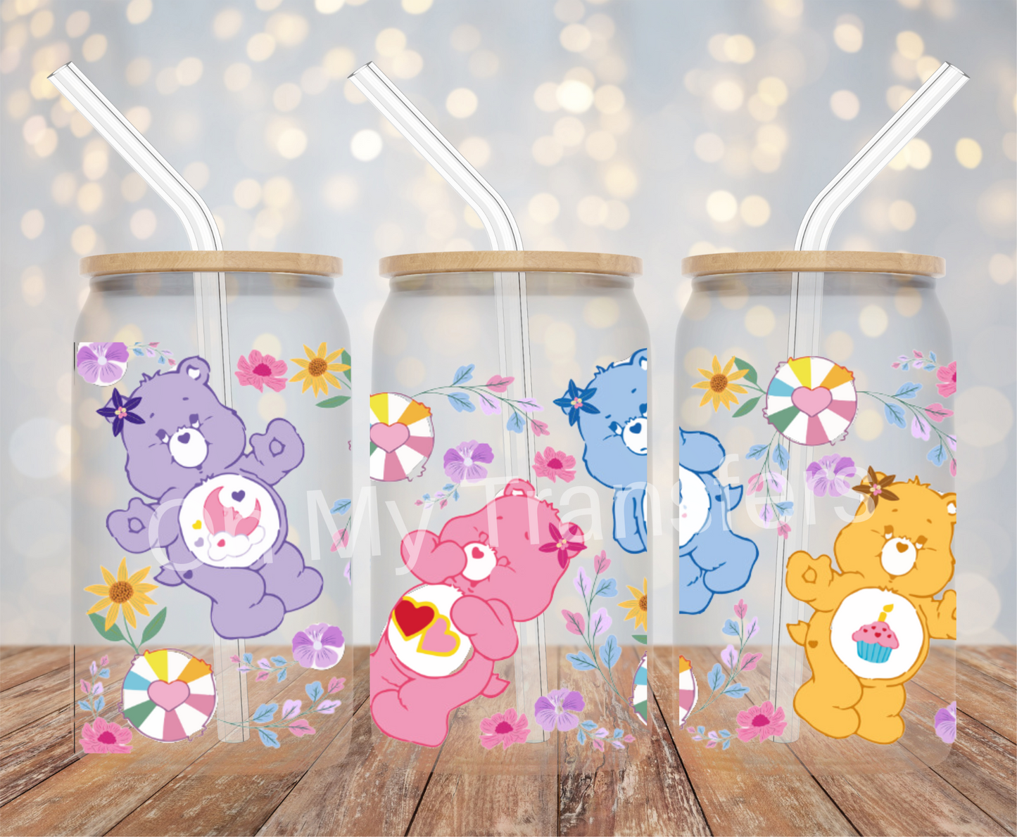 Colourful Bear Flowers UV DTF Cup Wrap