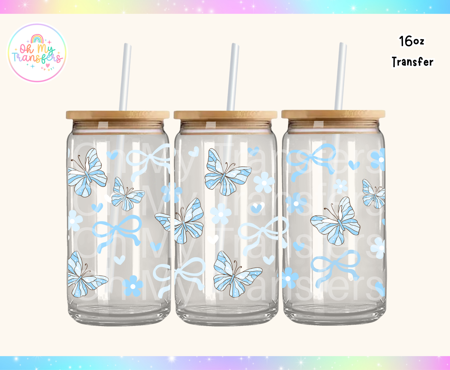 Blue Butterflies & Bows UV DTF Cup Wrap