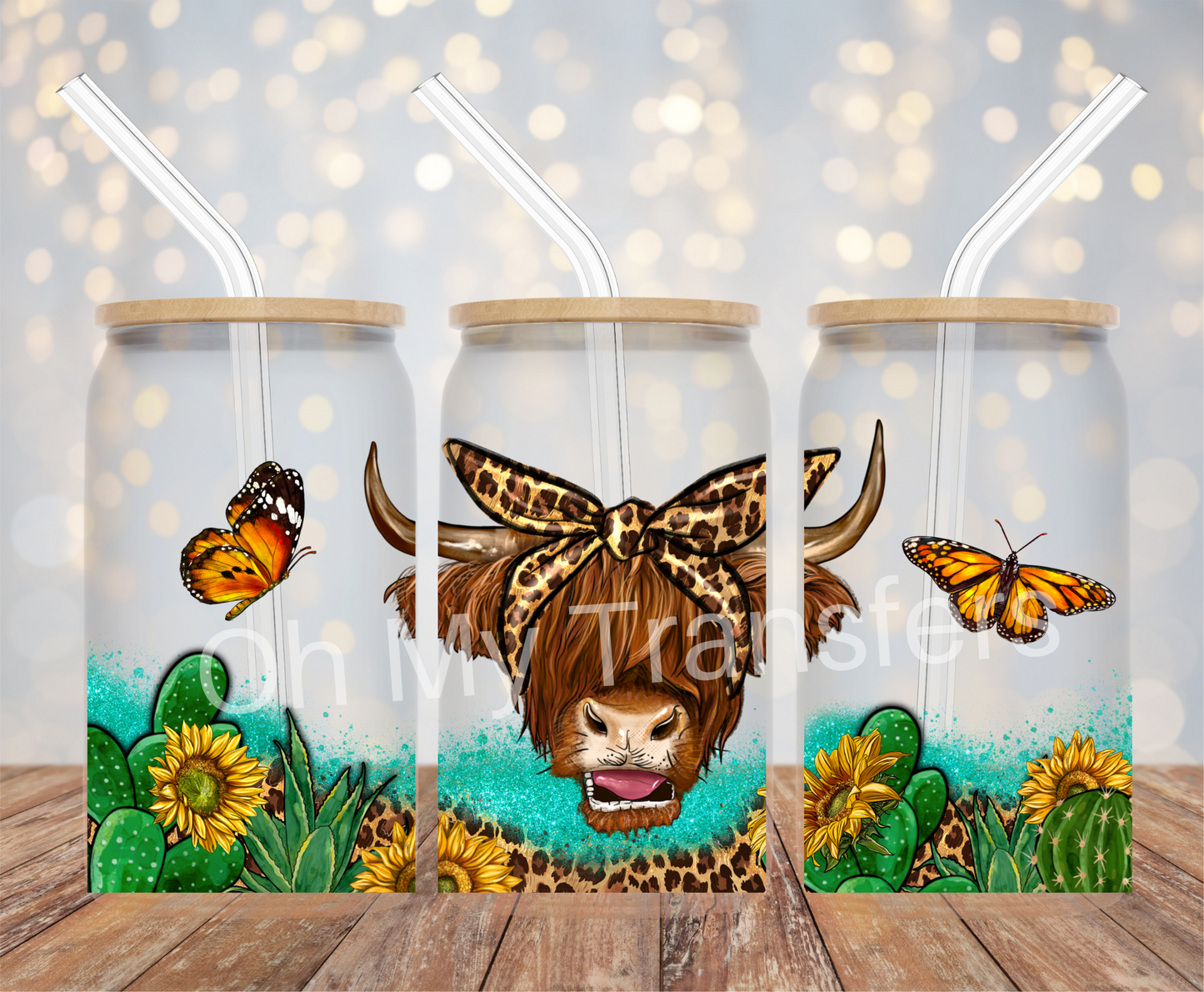 Highland Cow Leopard Bow UV DTF Cup Wrap