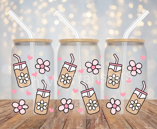 Iced Coffee Pink Flowers UV DTF Cup Wrap