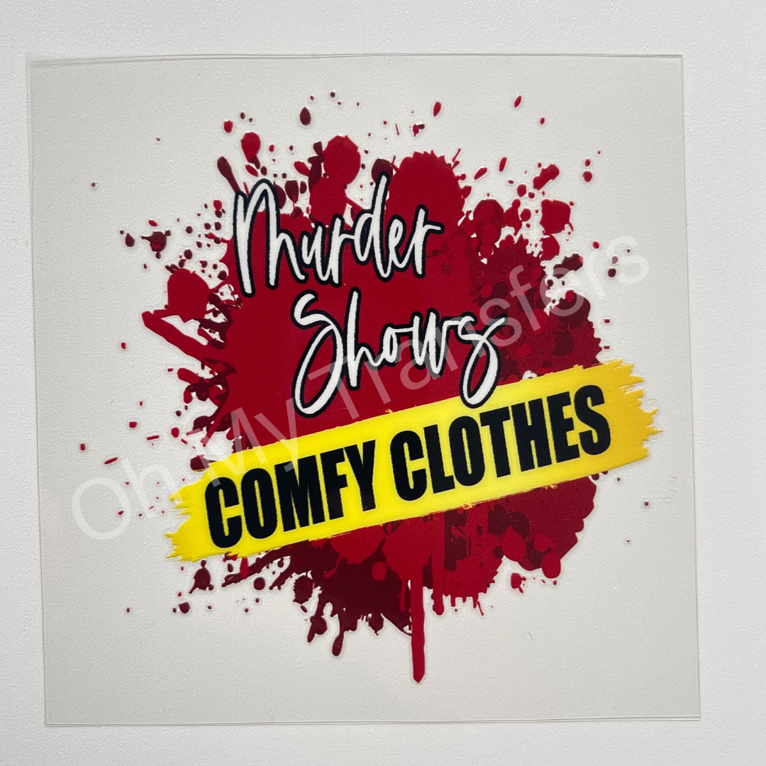 Murder Shows Comfy Clothes Decal 4” x 3”