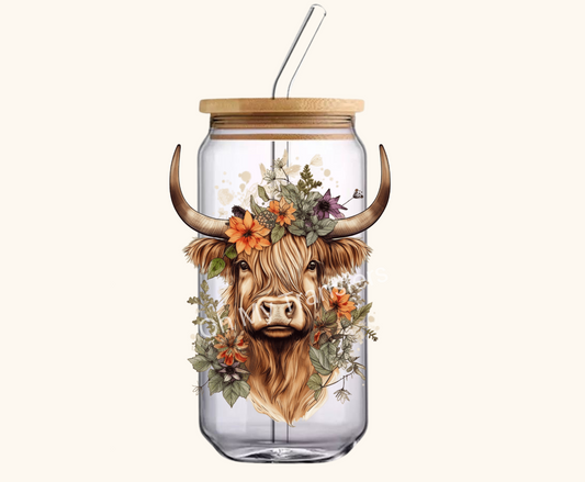 Highland Cow Orange Flower 4.5" UV DTF Decal