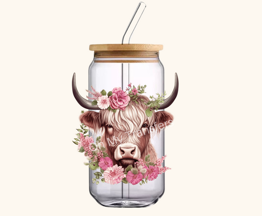 Highland Cow Pink Flowers 4.5" UV DTF Decal