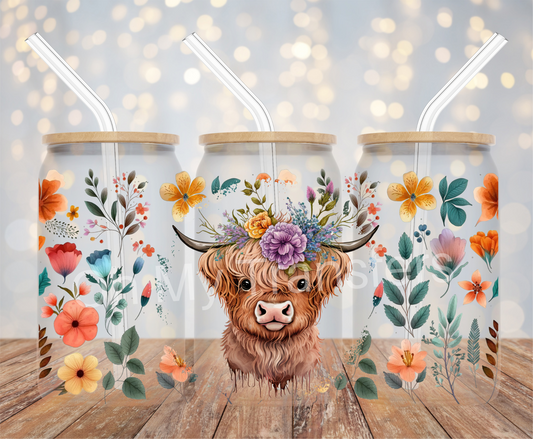 Highland Cow Flower Crown 1 UV DTF Cup Wrap