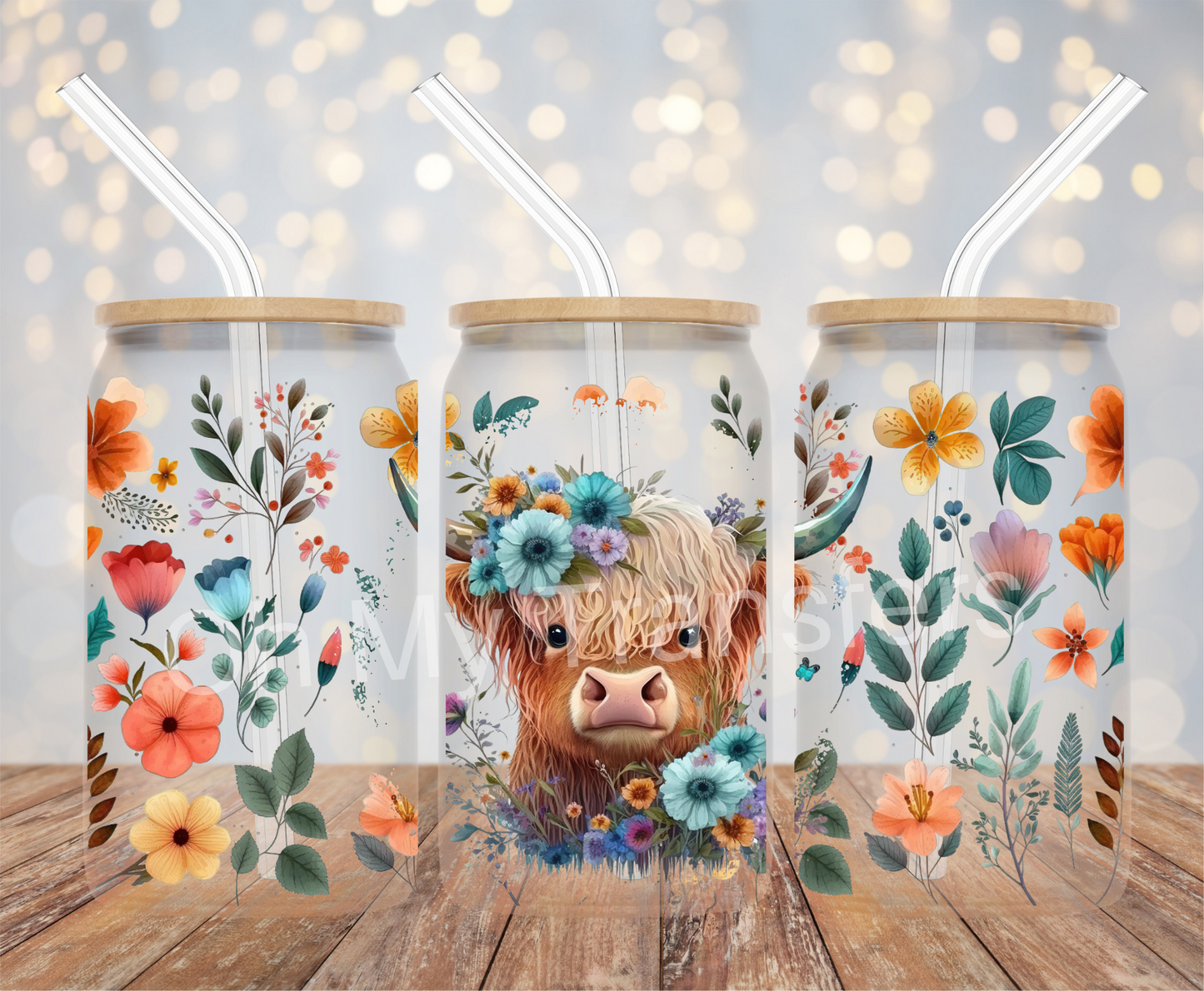 Highland Cow Flower Crown 2 UV DTF Cup Wrap