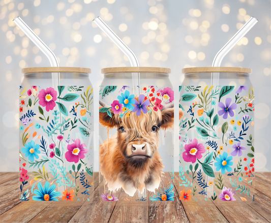 Highland Cow Colour Flowers UV DTF Cup Wrap