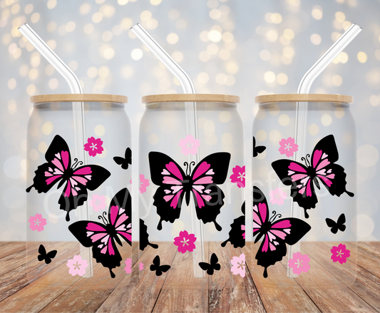 Butterfly Black & Pink Flowers UV DTF Cup Wrap