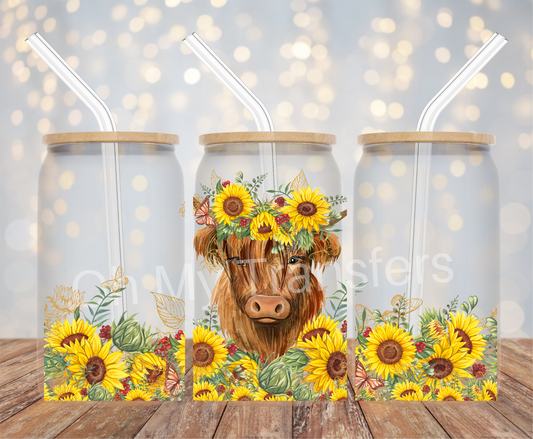 Highland Cow Sunflower Crown UV DTF Cup Wrap