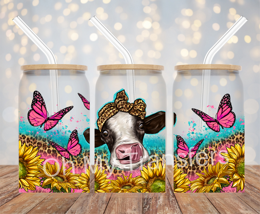 Cow, Sunflowers, Pink Butterflies UV DTF Cup Wrap