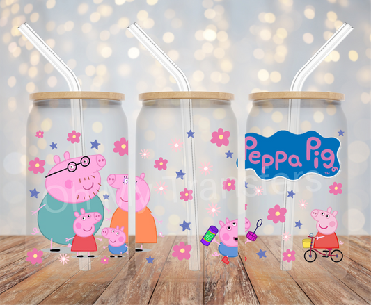 Pig Cartoon Pink Flowers  UV DTF Cup Wrap