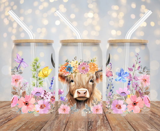 Highland Cow Colourful Flower Crown UV DTF Wrap