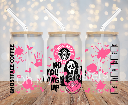 Ghost Face Coffee Pink Splatter UV DTF Cup Wrap