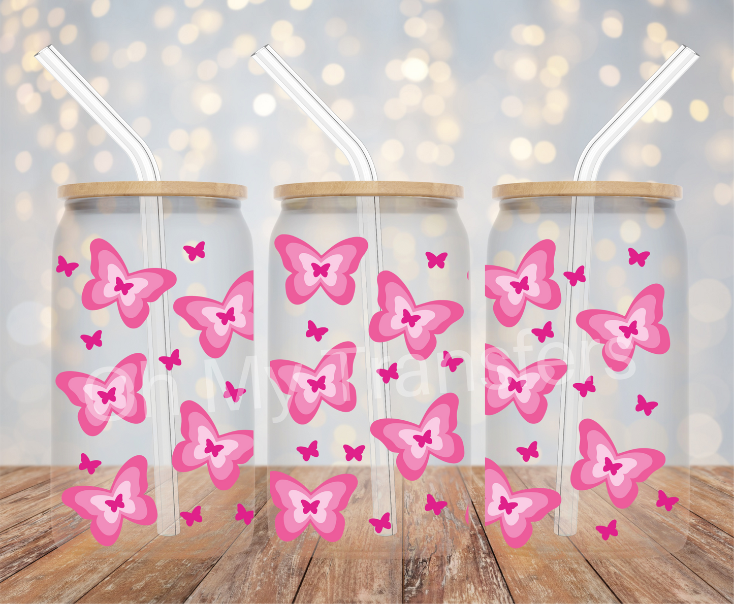 Layered Pink Butterflies UV DTF Cup Wrap