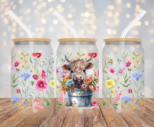 Highland Cow Colourful Floral UV DTF Cup Wrap