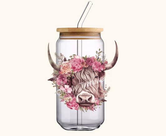 Highland Cow Pink Flower Crown 4.5" UV DTF Decal