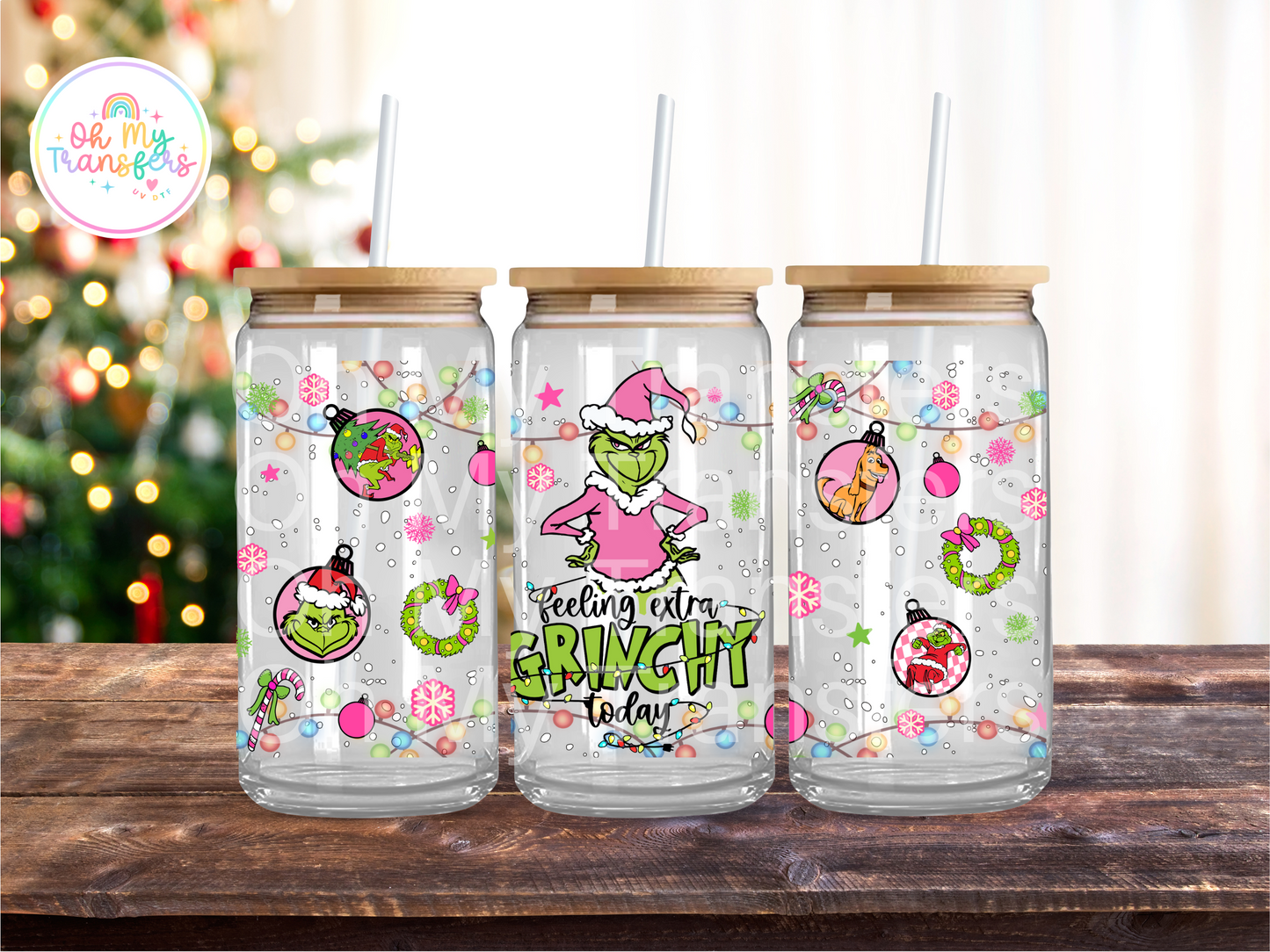 Xmas Cartoon Lights Pink UV DTF Cup Wrap