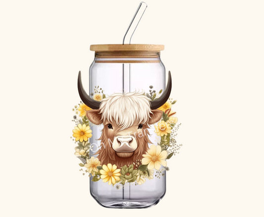Highland Cow Yellow Flowers 4.5" UV DTF Decal