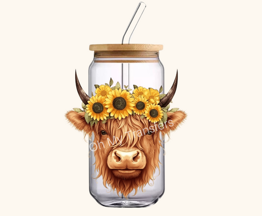 Highland Cow Sunflower Crown 4.5" UV DTF Decal
