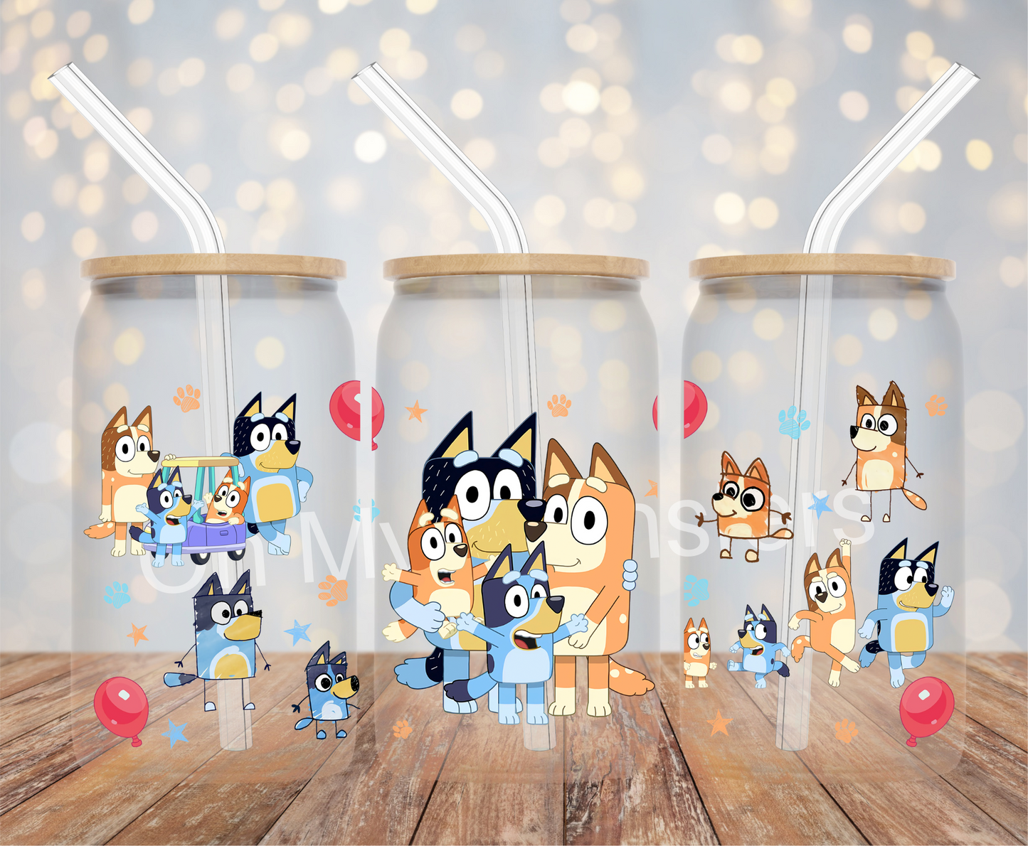 Blue Dog Family & Red Balloons UV DTF Cup Wrap